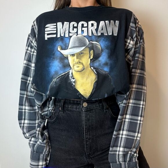 Reworked Tim McGraw Luke Bryan Tour Band Tee Full Length Flannel Shirt Top - Picture 1 of 4